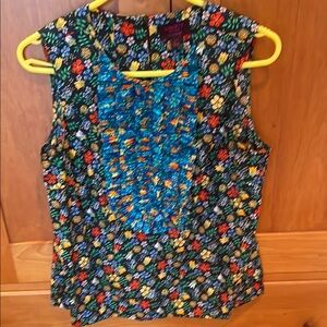 J. Crew Black Floral Sleeveless Blouse with Blue Bib